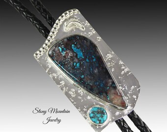 Unique Custom Wedding Bolo Tie, Handcrafted Chrysocolla Turquoise Bolo Tie, Sterling Silver Bolo Tie for Men & Women, Western Bolo Tie