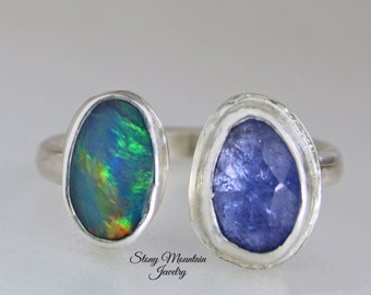 Australian Opal & Rose Cut Tanzanite Ring, One of a Kind Handmade Blue Opal Ring, Unique Sterling Silver Multi Stone Ring