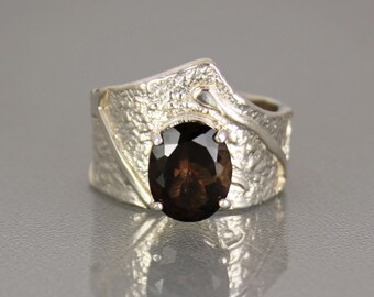 Smokey Topaz Ring, Modern Topaz Designer Ring, Contemporary Handmade Anniversary Gift for Her, Unique Ring Size 6.25