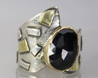 Unique Rose Cut Black Spinel Ring, One of a Kind Modern Designer Ring, Contemporary Jewelry, Large Mixed Metal Cocktail Ring