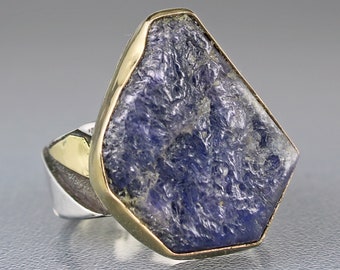 Raw Blue Sapphire Ring, One of a Kind Contemporary Sapphire Cocktail Ring, Unique Mixed Metal Wide Band Designer Ring