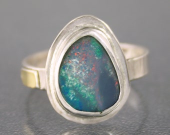 Australian Boulder Opal Ring, Handmade Genuine Australian Opal Ring, Unique Mixed Metal Natural Blue Opal Cocktail Ring