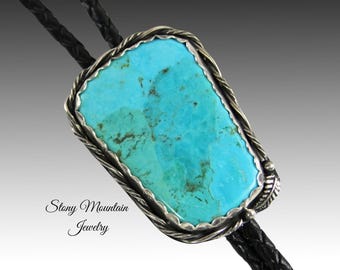 Kingman Turquoise Bolo Tie, Custom Handcrafted Wedding Bolo Tie, One of a Kind Turquoise Bolo Tie for Men or Women, Fathers Day Gift