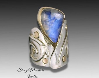 Modern Mixed Metal Moonstone Ring, One of a Kind Cocktail Ring, Contemporary Designer Ring, Unique Wide Band Statement Ring