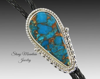 Mohave Blue Turquoise Bolo Tie, Custom Handcrafted Wedding Bolo Tie, Kingman Turquoise Matrix Stone Bolo Tie for Men or Women