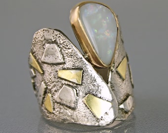White Australian Opal Designer Ring, One of a Kind Modern Mixed Metal Opal Cocktail Ring, Contemporary Jewelry, Unique Wide Statement Ring