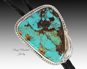 One of a Kind Turquoise Bolo Tie, Large Kingman Turquoise Designer Bolo Ties for Men & Women, Hamdmade Custom Wedding Bolo Tie