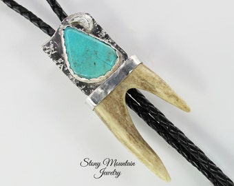 Antler Bolo Tie with Sonoran Turquoise, One of a Kind Handmade Natural Shed Deer Antler Bolo Ties for Men & Women, Unique Western Bolo Tie