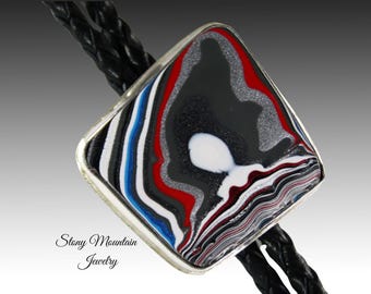 Fordite Bolo Tie Unique Custom Motor Agate Bolo Tie, Sterling Silver Handcrafted Bolo Tie for Men or Women, One of a Kind Wedding Bolo Ties