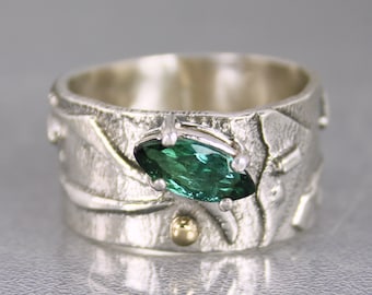 Green Tourmaline Ring, Unique Marquis Cut Tourmaline Ring, Genuine Chrome Green Tourmaline Wide Band Mixed Metal Designer Ring for Her