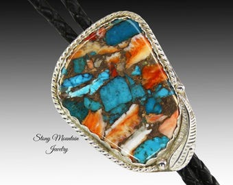Turquoise Bolo Tie, Custom Handcrafted Wedding Bolo Tie, Kingman Turquoise & Spiny Oyster Stone Bolo Tie for Men or Women, Western Gift