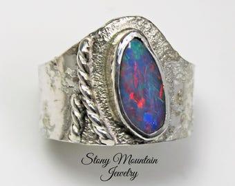 Australian Boulder Opal Ring, Handmade Genuine Australian Opal Ring, Unique Sterling Silver Natural Blue Opal Cocktail Ring