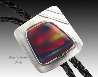 Designer Bolo Tie, Unique Custom Wedding Bolo Tie, Handcrafted Aurora Opal Bolo Tie for Men or Women, One of a Kind Sterling Silver Bolo Tie
