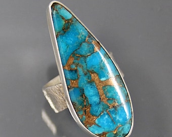 Kingman Turquoise Ring, Contemporary Large Stone Ring, Adjustable Wide Ring, Large Cocktail Ring, Big Turquoise & Bronze Statement Ring