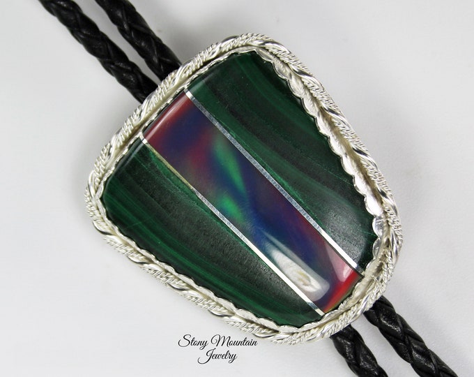 Featured listing image: Malachite and Aurora Opal Inlay Bolo Tie, Custom Wedding Bolo Tie, One of a Kind Handmade Designer Bolo Tie, Unique Intarsia Bolo Ties