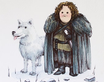 Jon Snow & Ghost - Game of Thrones: hand-painted picture, original watercolour, 15 x 15cm