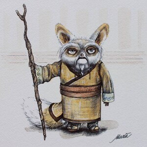Maestro Shifu: cuadro pintado a mano, acuarela original, 15 x 15 cm