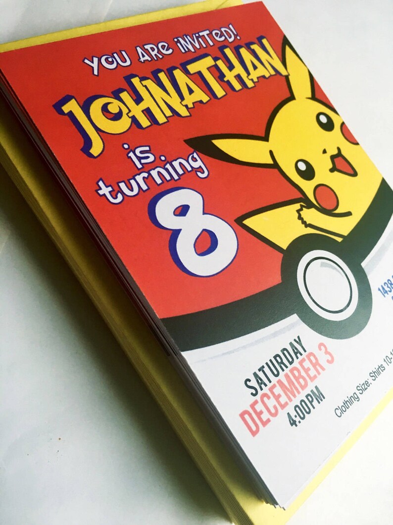May include: A red and yellow birthday invitation with a cartoon Pikachu character. The invitation says "You are invited! Johnathan is turning 8. Saturday December 3 4:00PM".