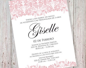 Presentación de 3 Años - Invitación Rosa (Can also be worded for a wedding, baptism or a babyshower) (DIGITAL FILE)