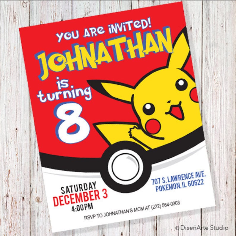 May include: A red and yellow birthday invitation featuring a cartoon Pikachu character. The invitation says "You are invited! Johnathan is turning 8" and includes the date, time, and RSVP information.