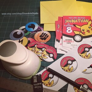 May include: A set of printable Pokemon-themed party invitations and thank you cards. The invitations feature a yellow Pikachu character with the text "You are invited! Johnathan is turning 8." The thank you cards feature a Pokeball with the text "Thank You!" and a Pikachu character.