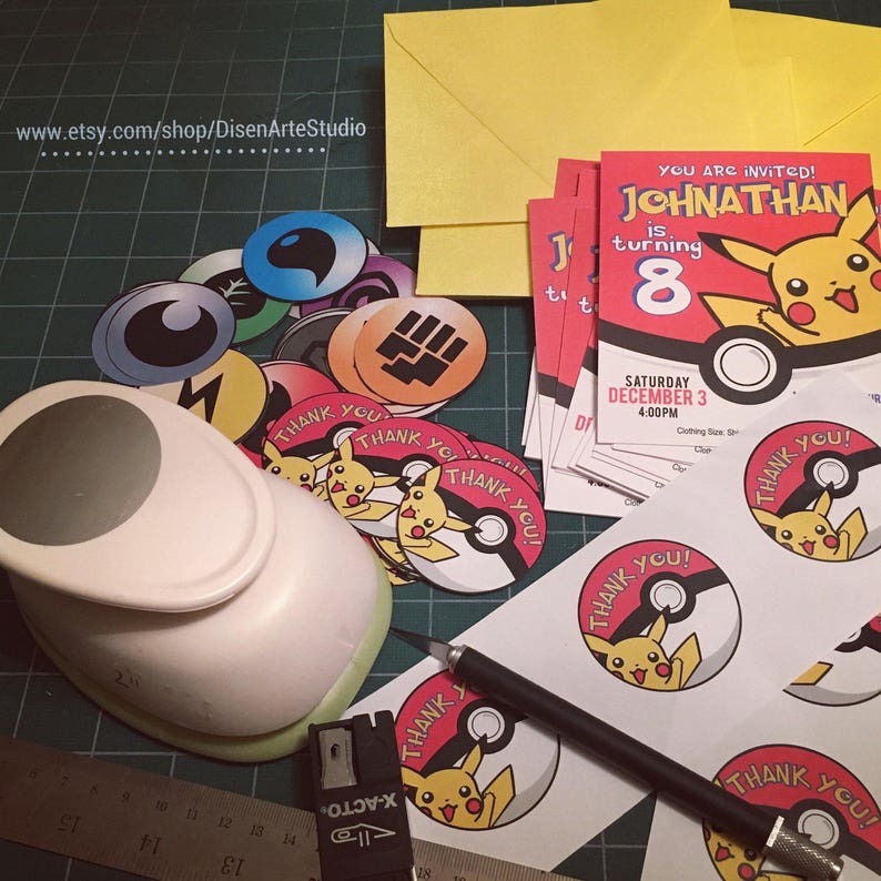May include: A set of printable Pokemon-themed party invitations and thank you cards. The invitations feature a yellow Pikachu character with the text "You are invited! Johnathan is turning 8." The thank you cards feature a Pokeball with the text "Thank You!" and a Pikachu character.