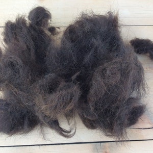 May include: A pile of dark brown animal hair, likely from a dog or cat, on a light wood surface.