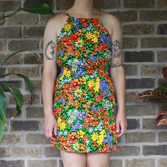 Bright Colourful Floral Mini Halter Dress - image 1