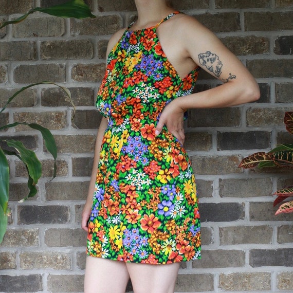 Bright Colourful Floral Mini Halter Dress - image 3