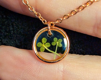 Micro Mini Four Leaf Clovers Lucky Charm Resin Pendant Minimalist Gift Necklace, 18” Chain
