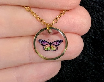 Color-Changing 14K Gold Monarch Butterfly Mood Necklace, See Video, Changes Every Color of the Rainbow, 18” Chain