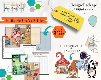 Printables Design Club January 2022 Package - Designs for Printables, Print on Demand and KDP on Canva, PNG and Illustrator AI Format