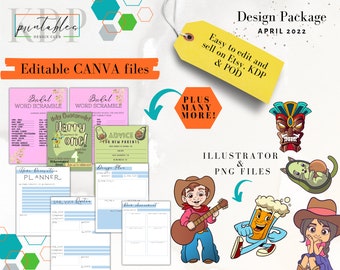 Printables Design Club April 2022 Package - Designs for Printables, Print on Demand and KDP on Canva, PNG and Illustrator AI Format