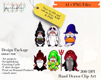 Gnomes Graphic Design Bundle Halloween Gnome AI, PNG Editable