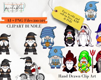 Gnomes Graphic Design Bundle | Biker Gnome | Halloween Gnome and Hanukkah Gnomes AI, PNG Editable