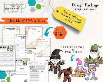 Printables Design Club February 2022 Package - Designs for Printables, Print on Demand and KDP on Canva, PNG and Illustrator AI Format
