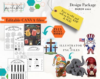 Printables Design Club March 2022 Package - Designs for Printables, Print on Demand and KDP on Canva, PNG and Illustrator AI Format