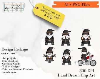 Gnomes Graphic Design Bundle Biker Gnome AI, PNG Editable
