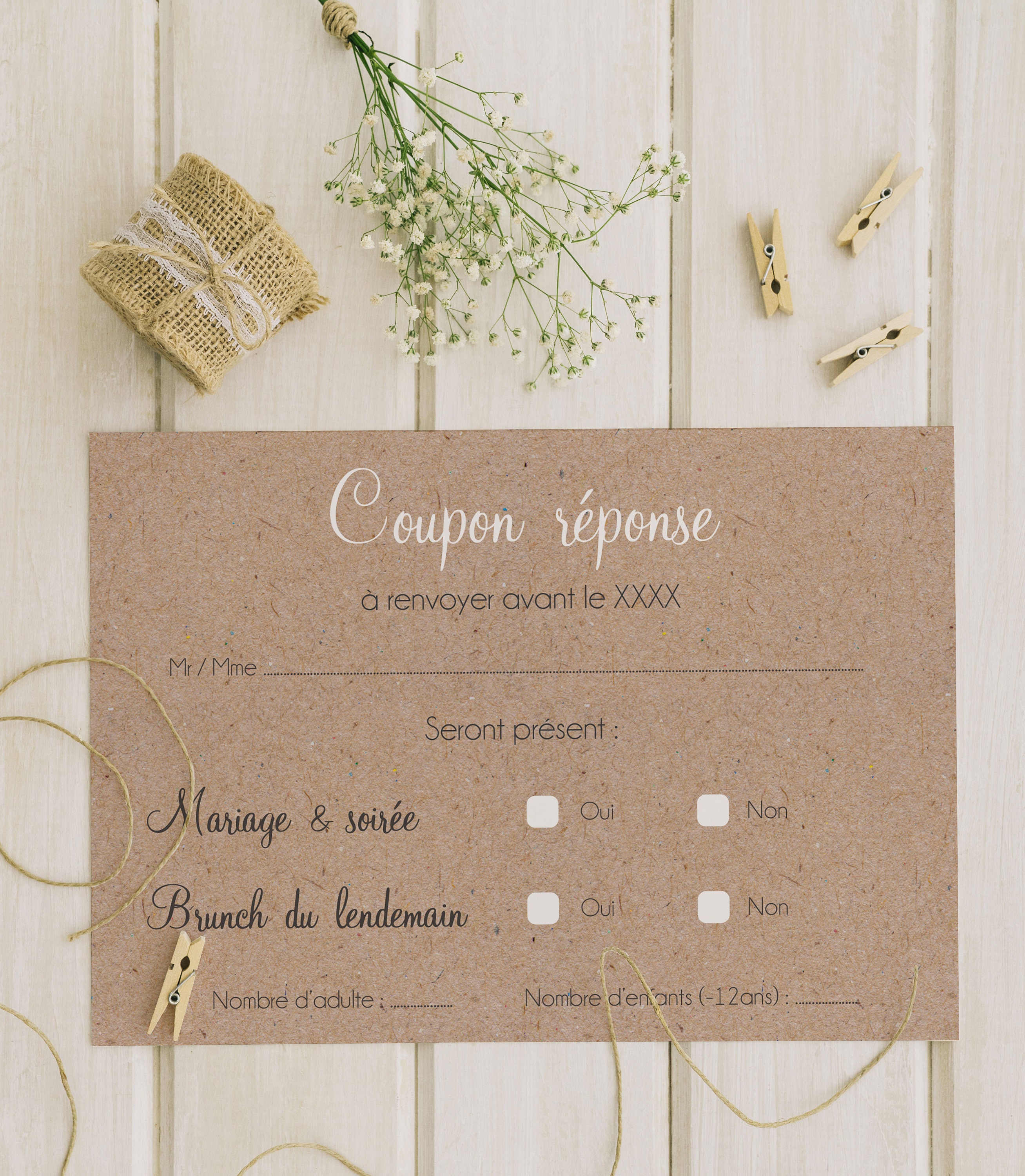Coupon réponse de Mariage esprit Kraft, Champêtre, Naturel et Montagnard, arbre ou dentelle