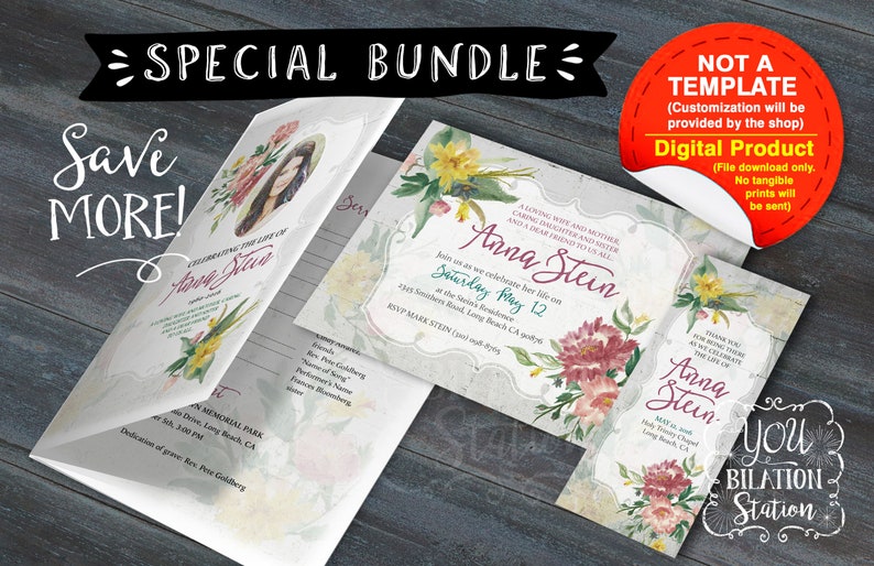 Download Printable Downloadable File Funeral Service Memorial Service Bundle Purple Orchids Design Invitations Announcements Paper Party Supplies
