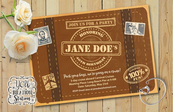 themed party invitation travel traveler suitcase design etsy