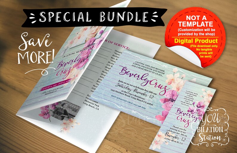 Download Printable Downloadable File Funeral Service Memorial Service Bundle Purple Orchids Design Invitations Announcements Paper Party Supplies