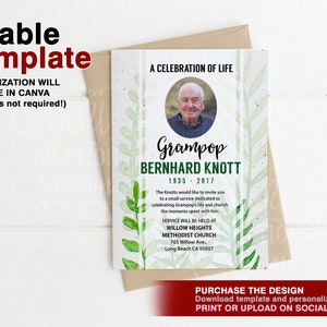 Funeral Service Announcement, Memorial Invitation, Celebration of Life, In Loving Memory (Watercolor Leaves) Printable Downloadable Template