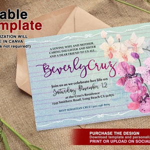 Funeral Service Announcement, Memorial Invitation, Celebration of Life, In Loving Memory (Orchid Design) Printable Downloadable Template