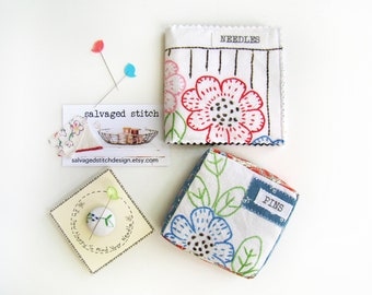 Pin Cushion Gift Set Needle Book Magnetic Needle Minder Set, Sewing Set, Repurposed Vintage, Gift for Sewing, Embroidery Quilters Set