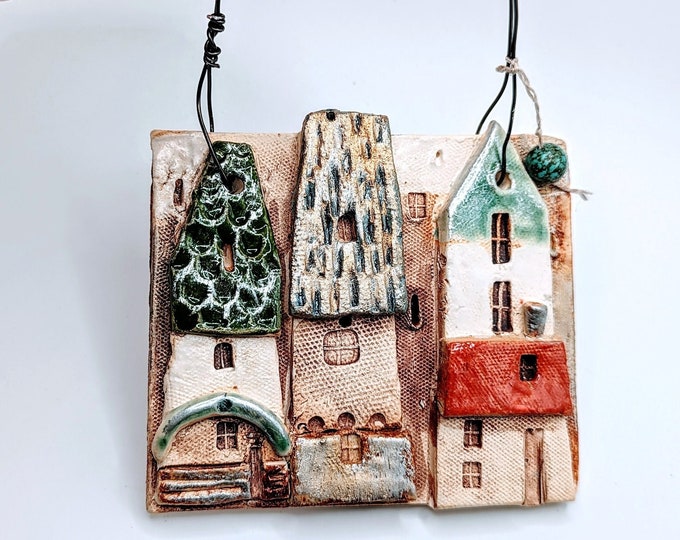 Pottery Wall Art, Handmade Tile, Wall Hanging, Ceramic House Plaque, Collectible Clay Sculpture