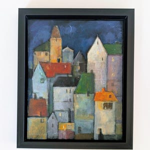 Original Hand Painted Art, 8x10 acrylic on  canvas, landscape painting, cityscape, colorful houses, old town, architecture painting