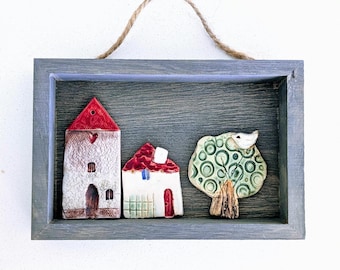 Handmade Tiny Houses, Wall Art, Miniature Village Shadow Box, Whimsical Little Houses, Small Cottages, Housewarming gift, Cottagecore Decor
