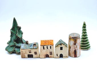 Casa de cerámica en miniatura hecha a mano: un pueblo de cerámica coleccionable, decoración para acuarios