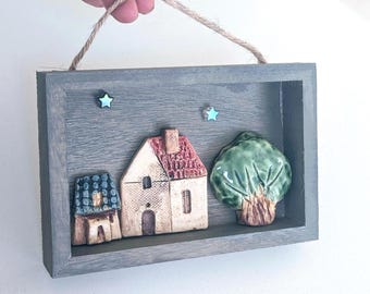 Handmade Tiny Houses Wall Art – Miniature Village Shadow Box, Whimsical Little Houses, Small Cottages, Housewarming gift, Pottery Houses